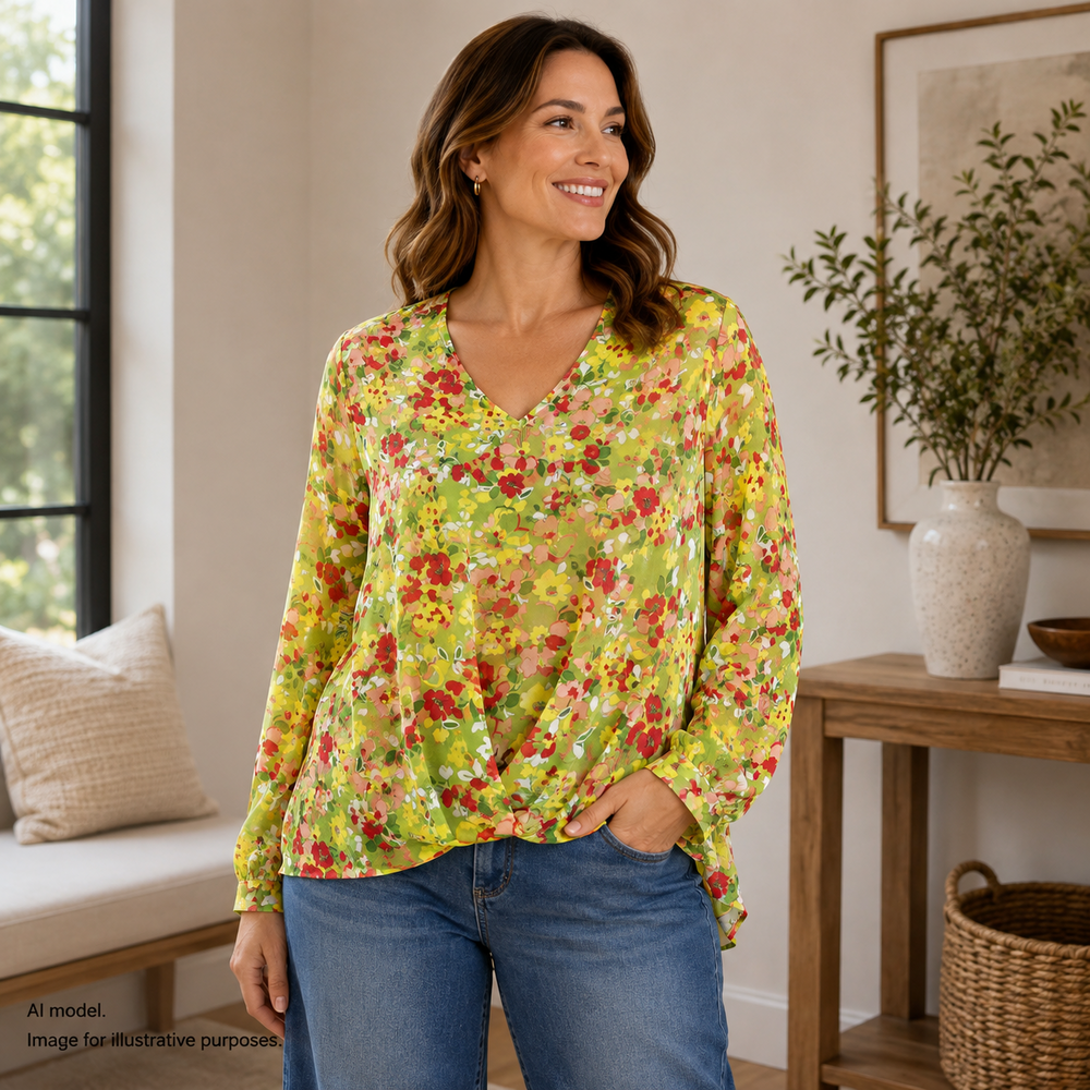 CAbi Shirt Women XL Green Floral Sheer Chiffon V Neck Long Sleeve Bubble Hem Top